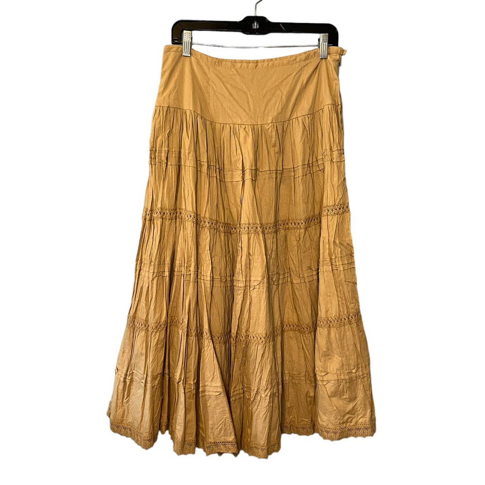 VTG Tan Midi Skirt Womens 10 P Flowy Neutral Tiered Minimalist Prairie Lagenlook